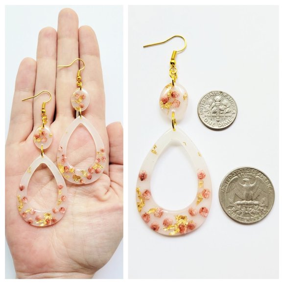 Statement Earrings Gold and Blush Pink Floral Milk Bath Handmade Teardrop Dangle - Picture 9 of 12